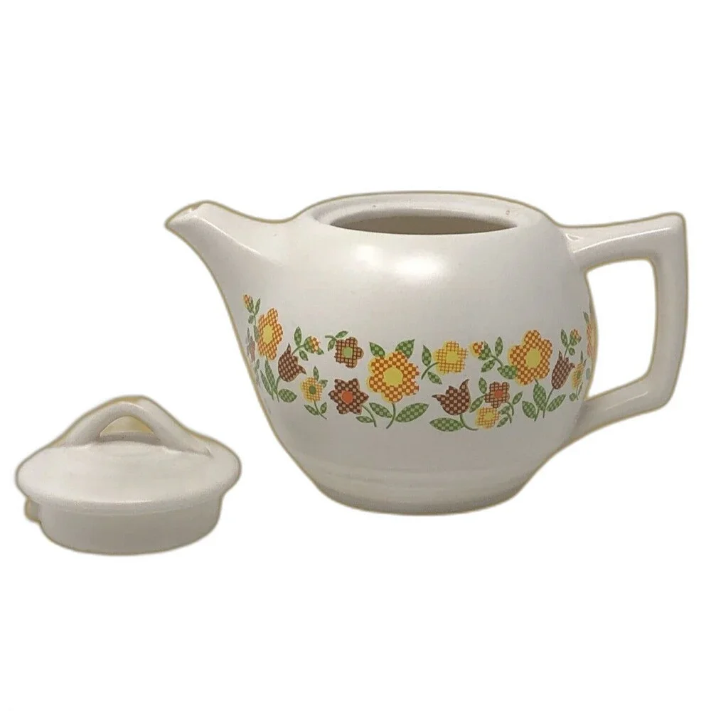 McCoy Pottery Teapot Vintage 70s Gingham Flowers Cottagecore Farmcore# 140 USA